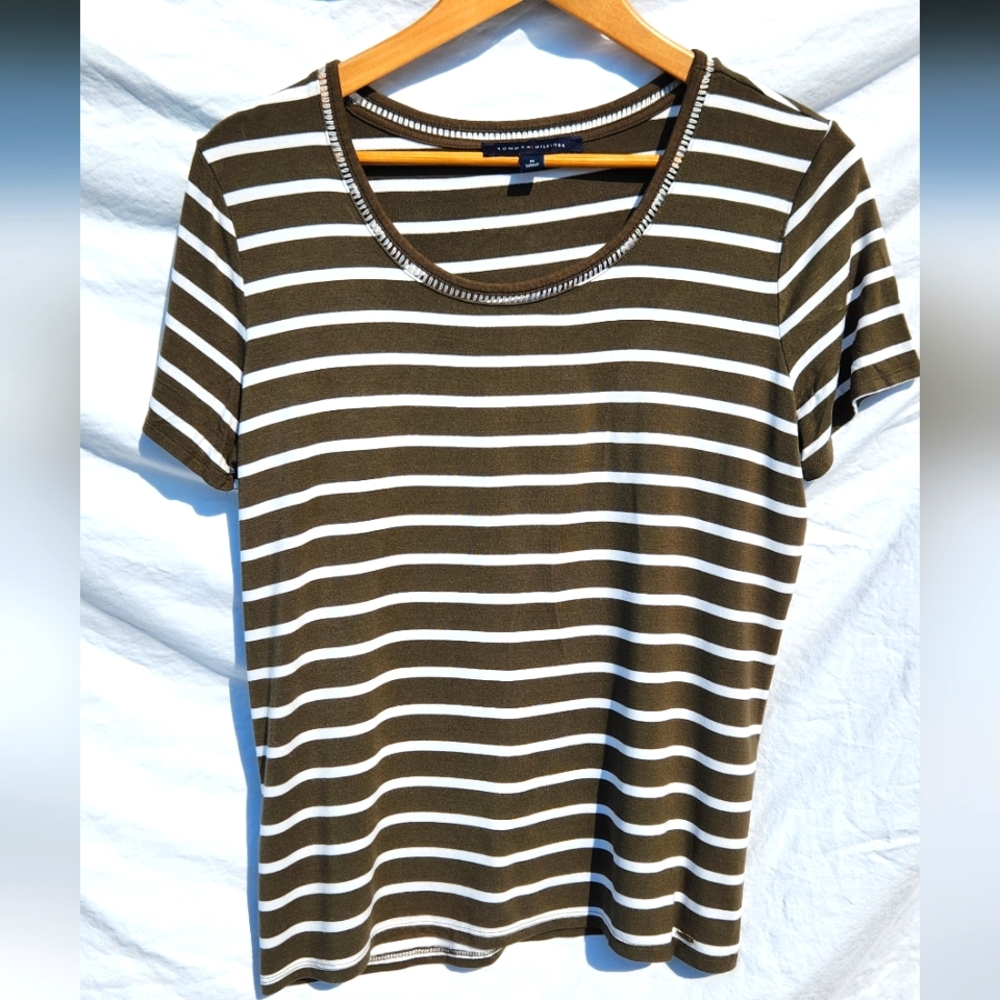 Tommy Hilfiger Olive Green And White Striped Shirt Only Tried On Never Worn